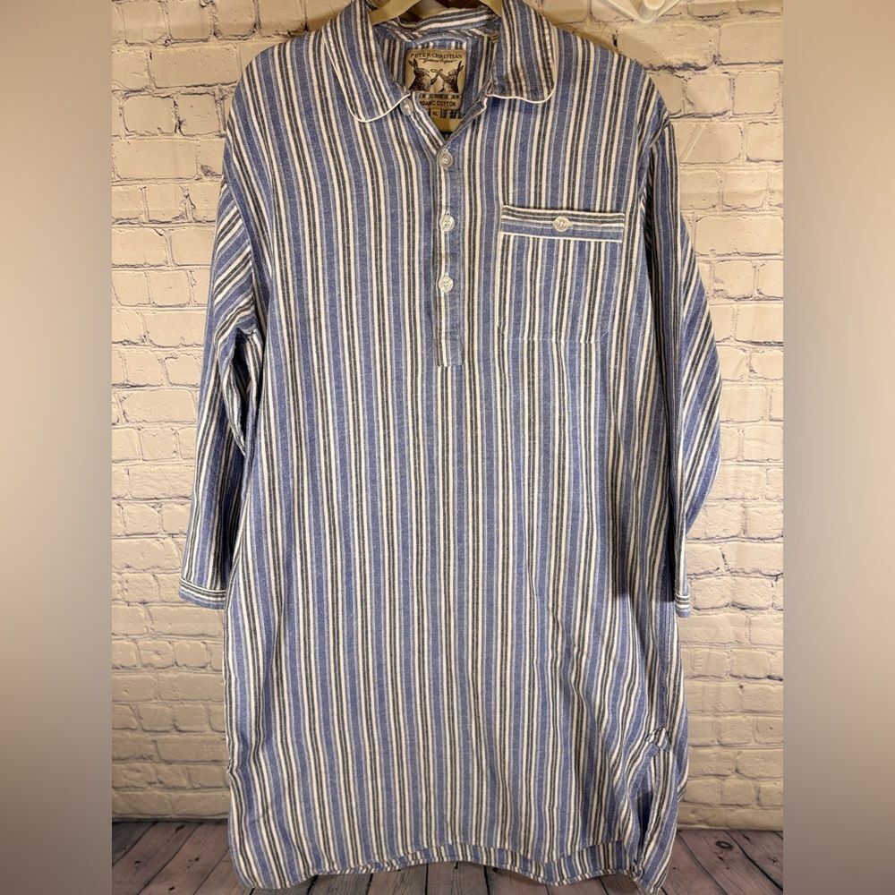VINTAGE Peter Christian Blue White Stripe Preppy Organic Cotton Nightshirt XL